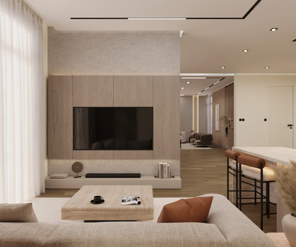 Living Area Living Space Kitchen Space Dining Area furnish and fit out harooni design Dubai. UAE