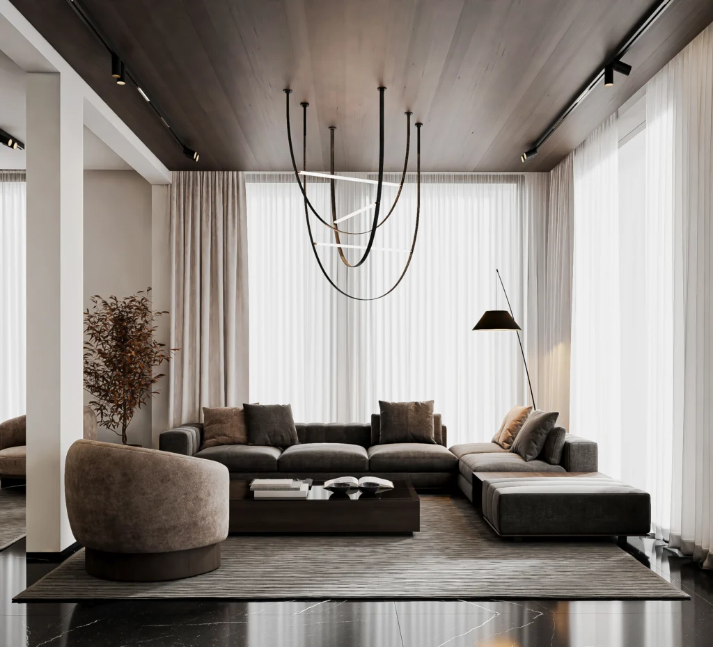 Living Area Living Space Kitchen Space Dining Area furnish and fit out harooni design & Build Dubai. UAE