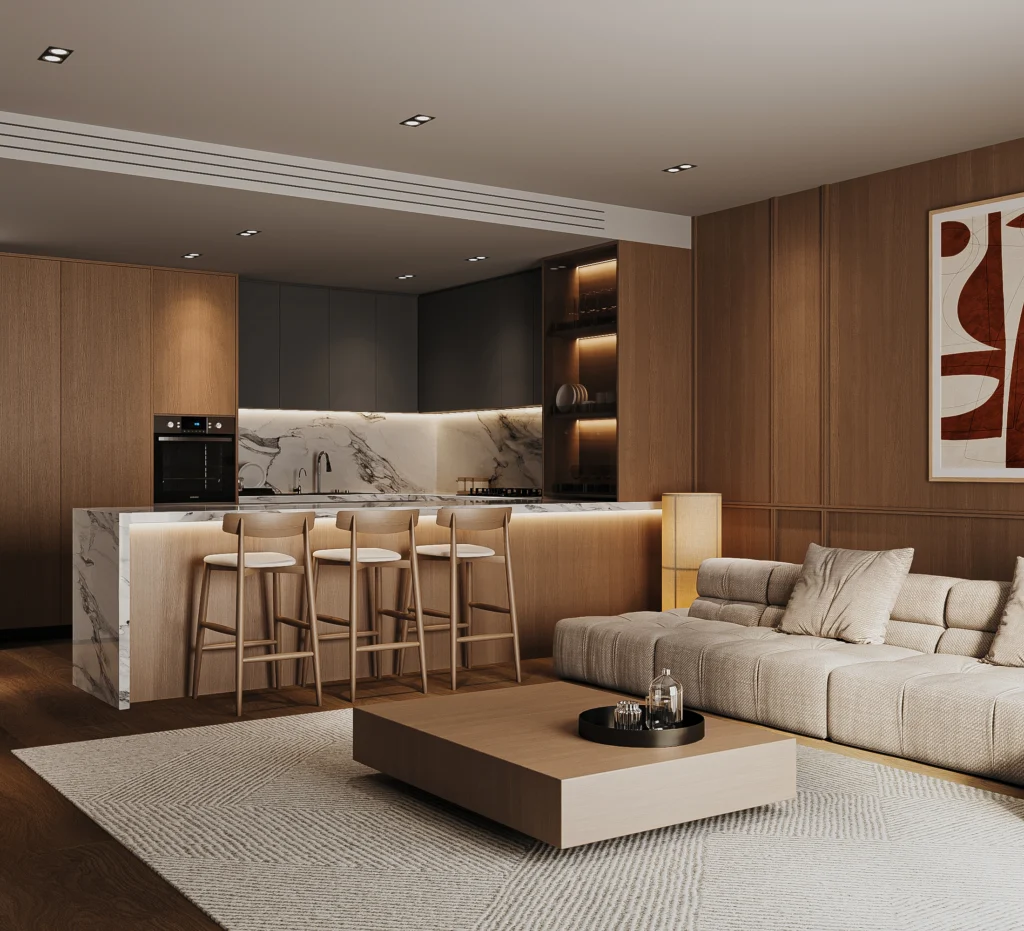 living room Kitchen furnish and fit out harooni design Dubai. UAE